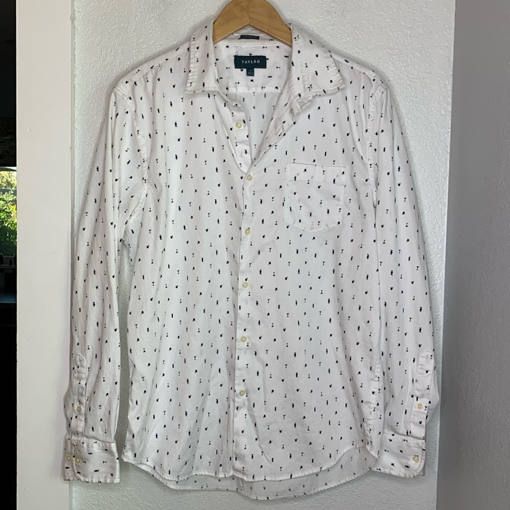 Taylrd white long sleeve martini drink print button up shirt size large